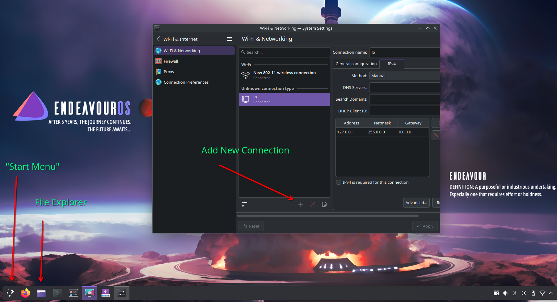 Screenshot of EndeavourOS desktop showing the Wi-Fi & Networking settings window. The left panel includes options like "Wi-Fi & Networking," "Firewall," and "Proxy." The right panel shows the connection settings for "lo" with IPv4 configuration. The bottom section highlights a "+" button labeled "Add New Connection." The taskbar at the bottom features a "Start Menu" icon, File Explorer, Firefox, and other applications. The background displays a space-themed wallpaper with the EndeavourOS logo and the tagline, "After 5 years, the journey continues. The future awaits..."