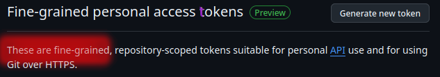 GitHub fine-grained personal access tokens banner with highlighted explanation text about repository-scoped tokens for API use and HTTPS